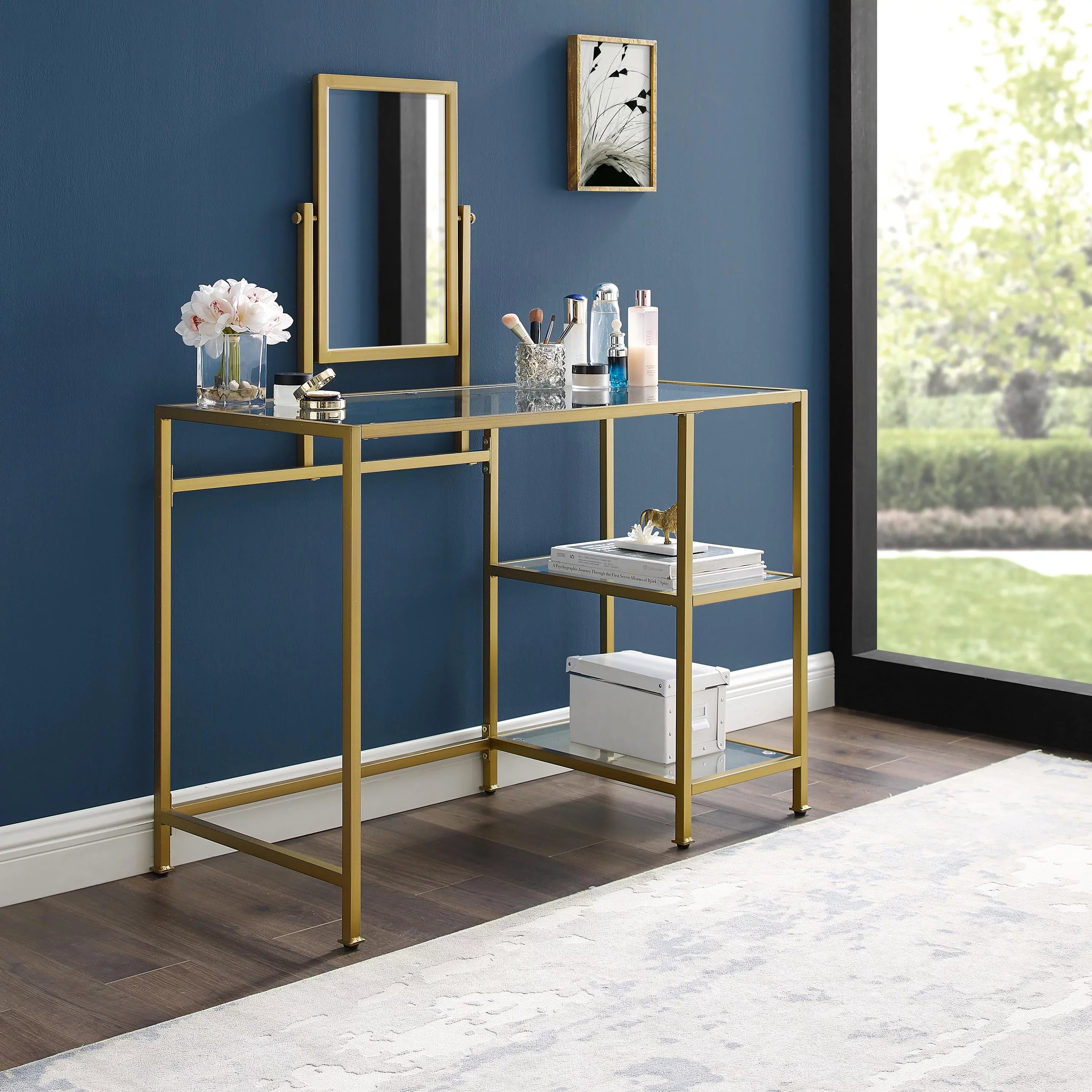 Desk/Mirror Aimee Crosley Soft Vanity Tempered 2-Piece Gold Furniture in Glass