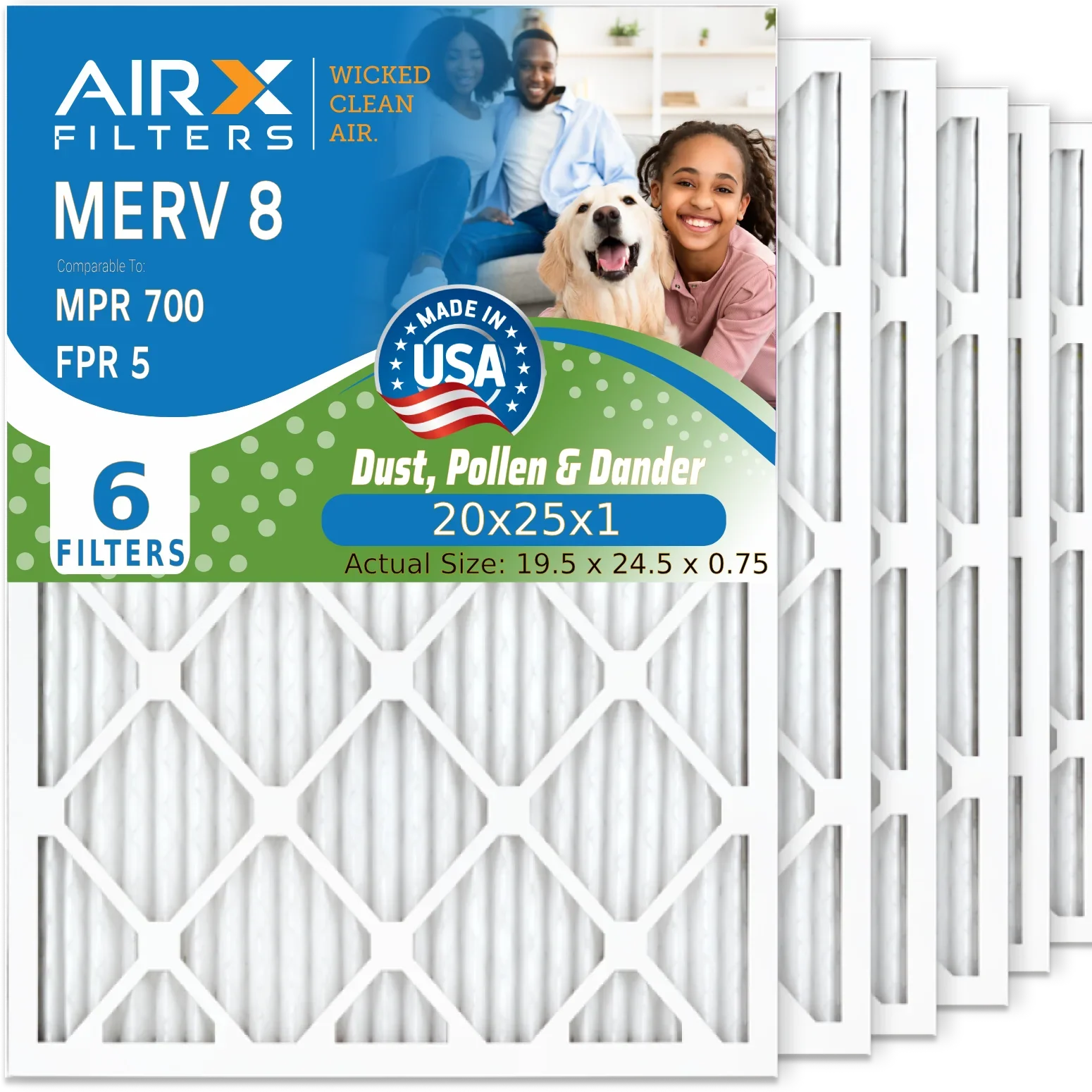 Filter AIR. Made Filter USA Air to AC Electrostatic Comparable AIRX by Pleated 6 WICKED HVAC MPR 20x25x1 Premium FPR Filters 700 FILTERS Pack & Furnace 20x25x1 MERV 8 5 Air Conditioner CLEAN