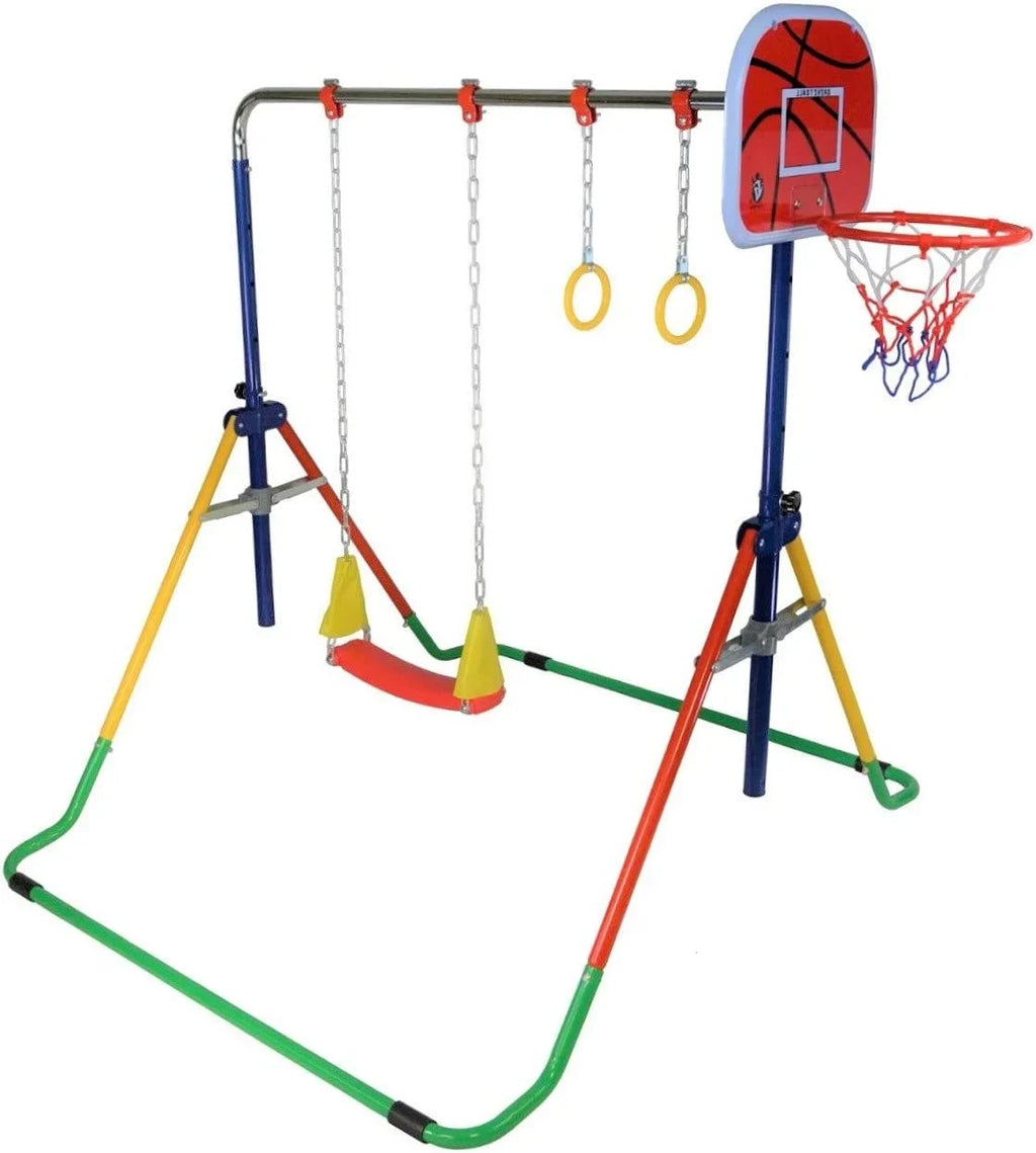 Bar Folding Junior Hoop Gym Bar for 4-in-1 Set Gymnastics Height-Adjustable Training with - Rings, Swing, Basketball Home