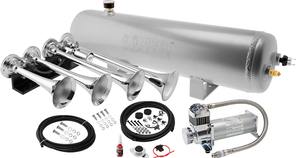 for Fits Vixen Kit VXO8330APRO/4124XC Complete Trumpets. 200psi Vehicles 4 Pickup/Jeep/SUV Aluminum dB. Tank, Compressor, Air 3 like Gallon Trucks/Car/Semi. Loud Train System- Horns Onboard Horn Super