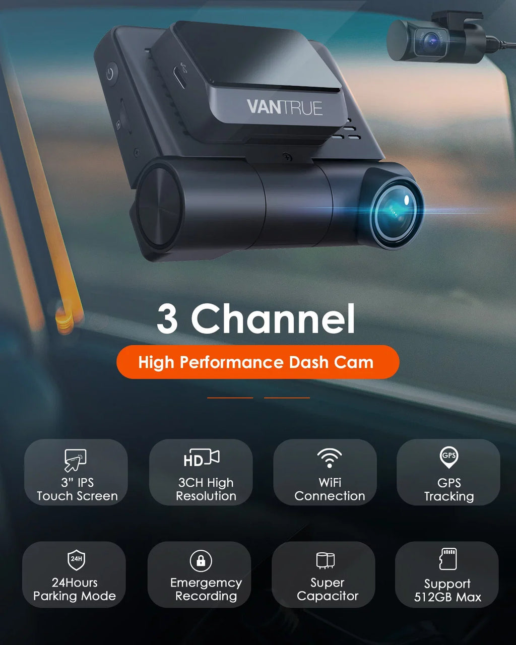inch Touchable Car Front+1080P Nearly Rear IPS with Supercapacitor Wide Dash +1080P built 360¡ã Camera 2K Angle, Screen GPS 24h Channel Cam, Monitor, Interior 30FPS 3 S2 3 WiFi in, Parking Vantrue