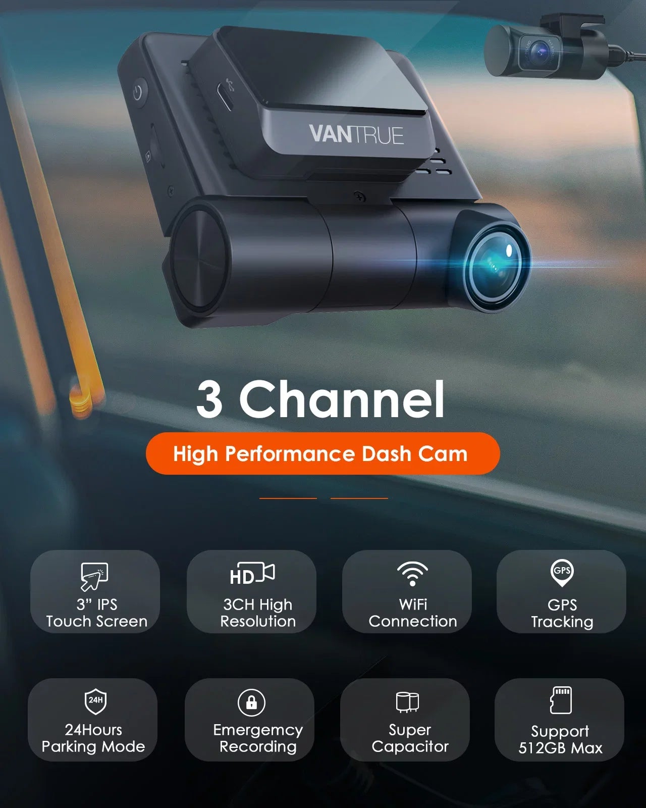 inch Touchable Car Front+1080P Nearly Rear IPS with Supercapacitor Wide Dash +1080P built 360¡ã Camera 2K Angle, Screen GPS 24h Channel Cam, Monitor, Interior 30FPS 3 S2 3 WiFi in, Parking Vantrue