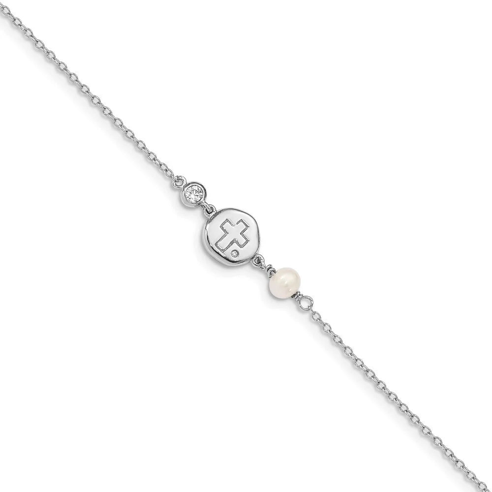 Bracelet Women Sterling ext Silver CZ/Cross/FWC for w/0.5inch Auriga RH-plated 925 Pearl