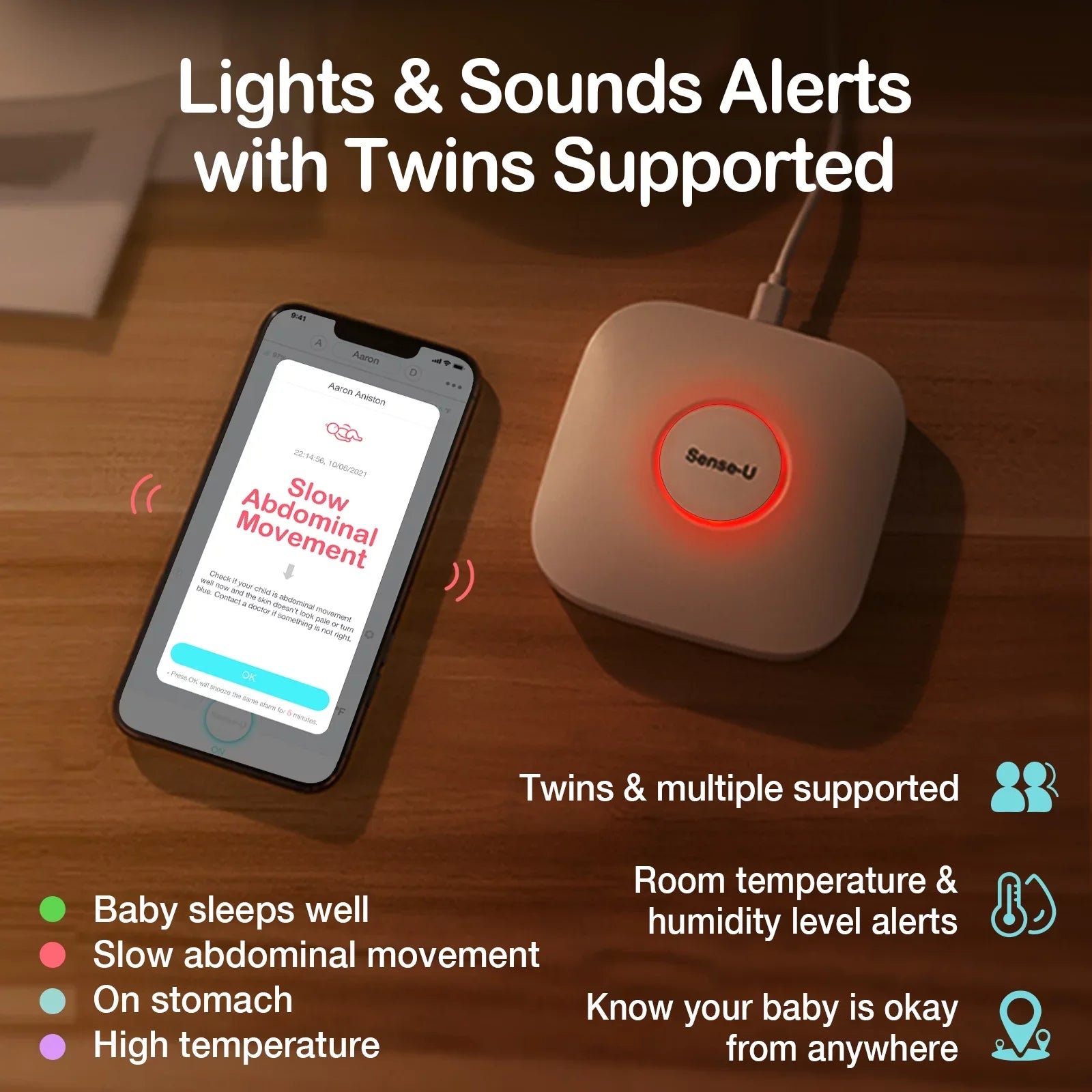 Smart Sense-U Movement and - Anytime, Movement, Green Monitor Sleeping Anywhere, - Smartphone and Baby's Station Temperature, on Abdominal Baby Rollover, Tracks Abdominal Base Position Humidity