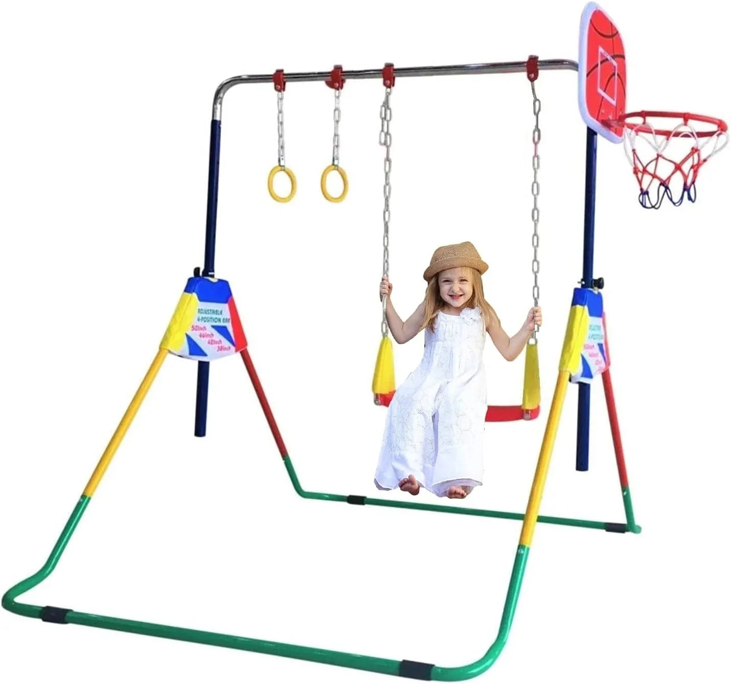 Bar Folding Junior Hoop Gym Bar for 4-in-1 Set Gymnastics Height-Adjustable Training with - Rings, Swing, Basketball Home