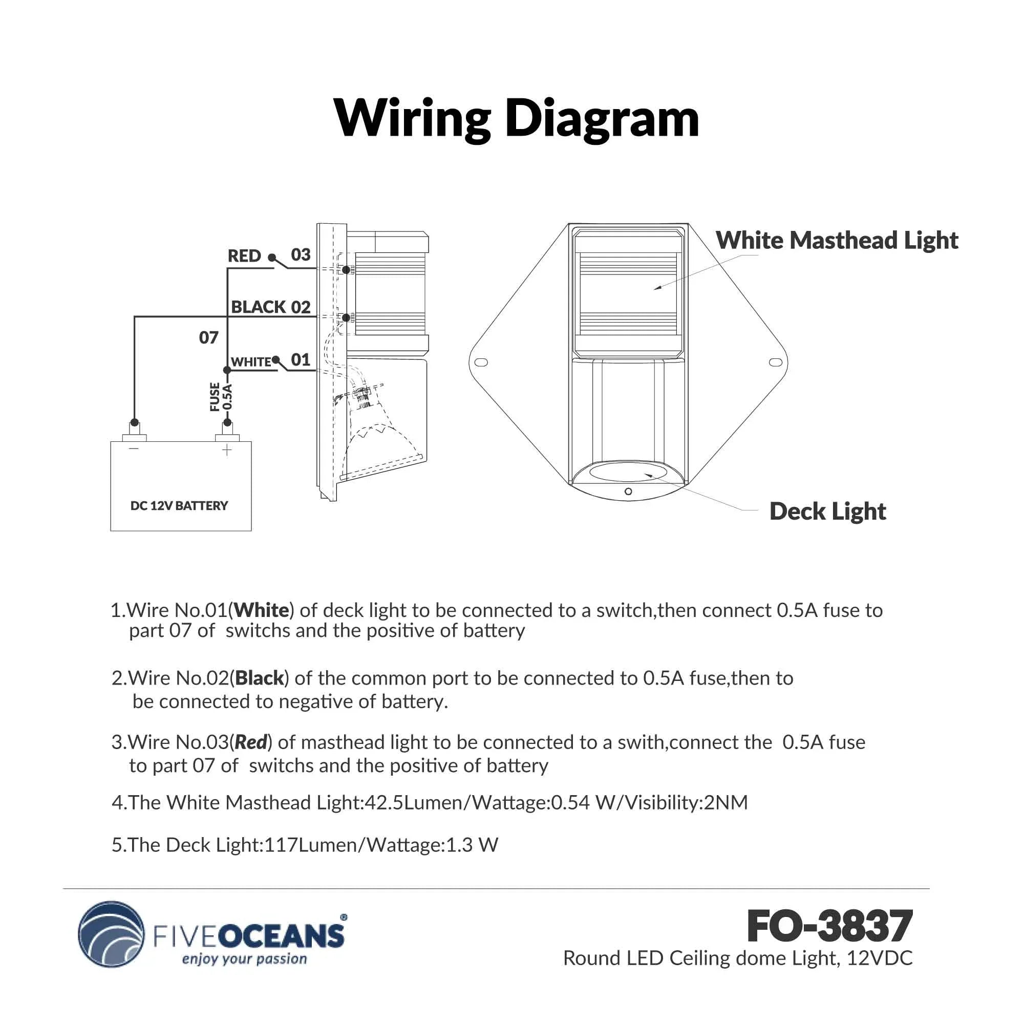 and Vertical Masthead Deck for - Sailboat Combination LED 12V, Light, Deck Mount FO3837 Five Oceans Light, Masthead Spreader