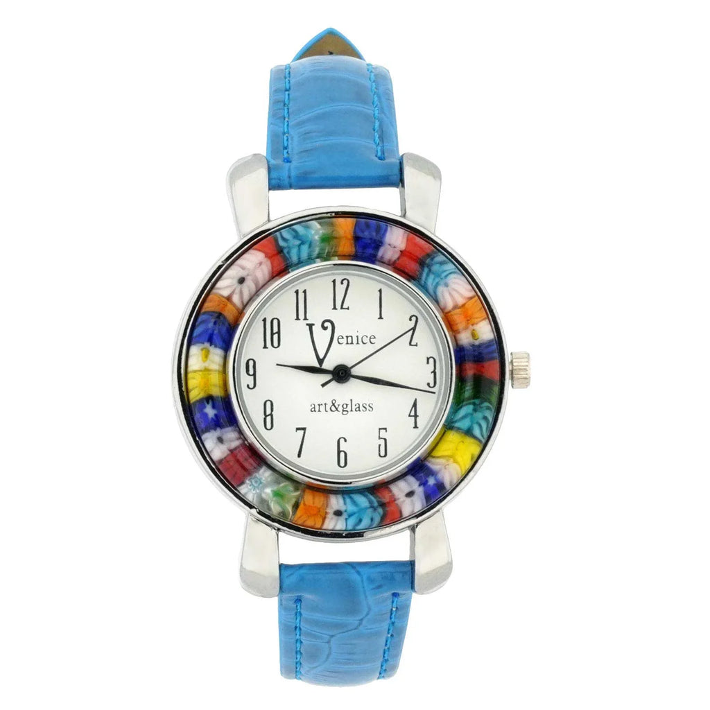 Blue With - Millefiori Band Leather Murano GlassOfVenice Watch Serena Light