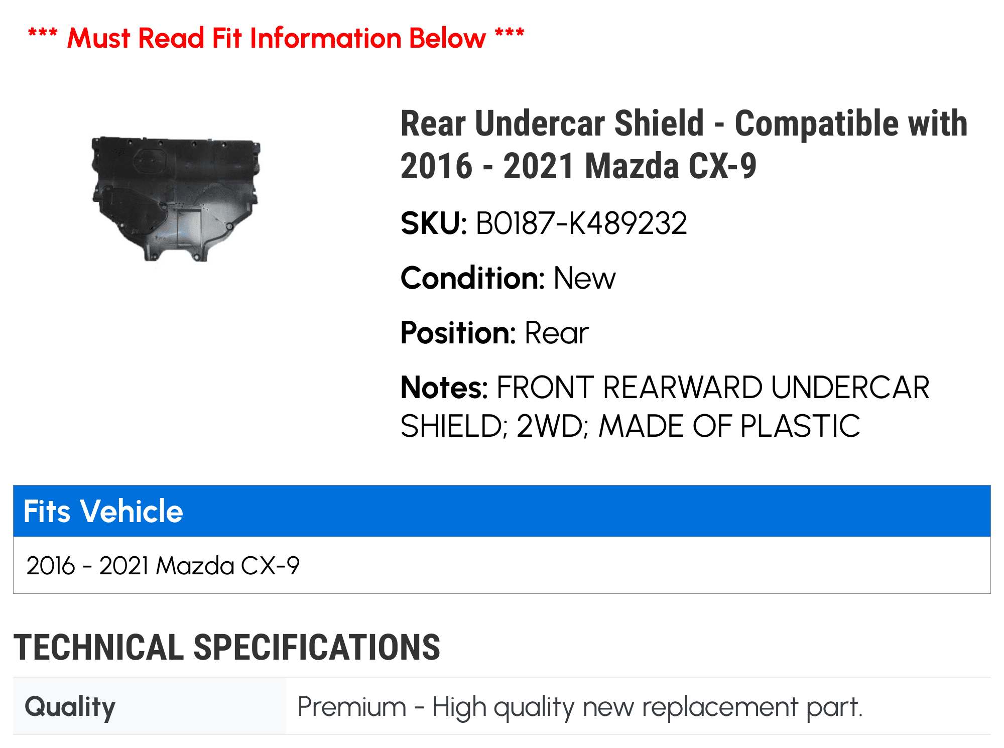 Undercar CX-9 2020 Compatible with - Rear 2016 Shield 2021 Mazda 2017 2018 2019 -
