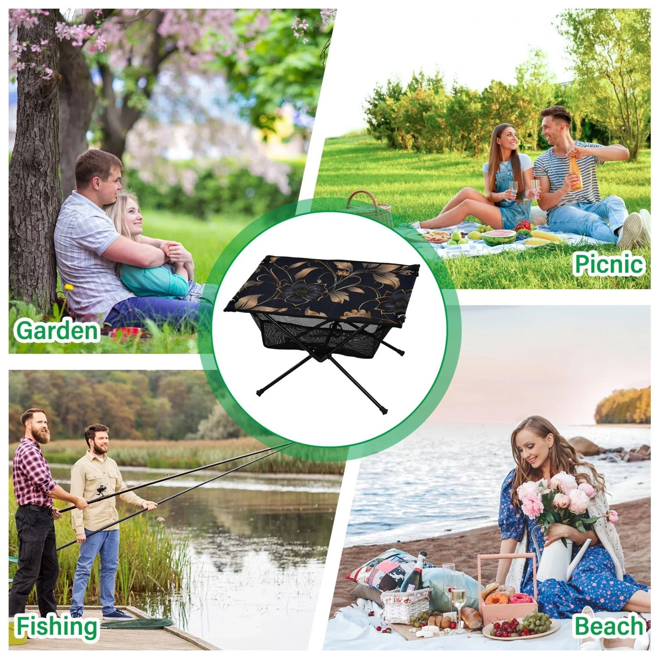 Beach Outdoor Flower Table Travel Bag Storage Fishing Table Camping for Picnic Table with Compact BBQ on Portable Folding Black