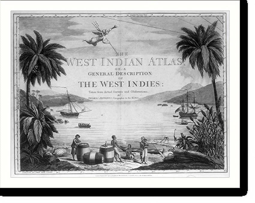 British and large scene three beach Print, with West sailor showing 21-7/8" on harbor], Natives the a x [A Indies two ships 17-7/8" in and in Framed the the Historic casks,