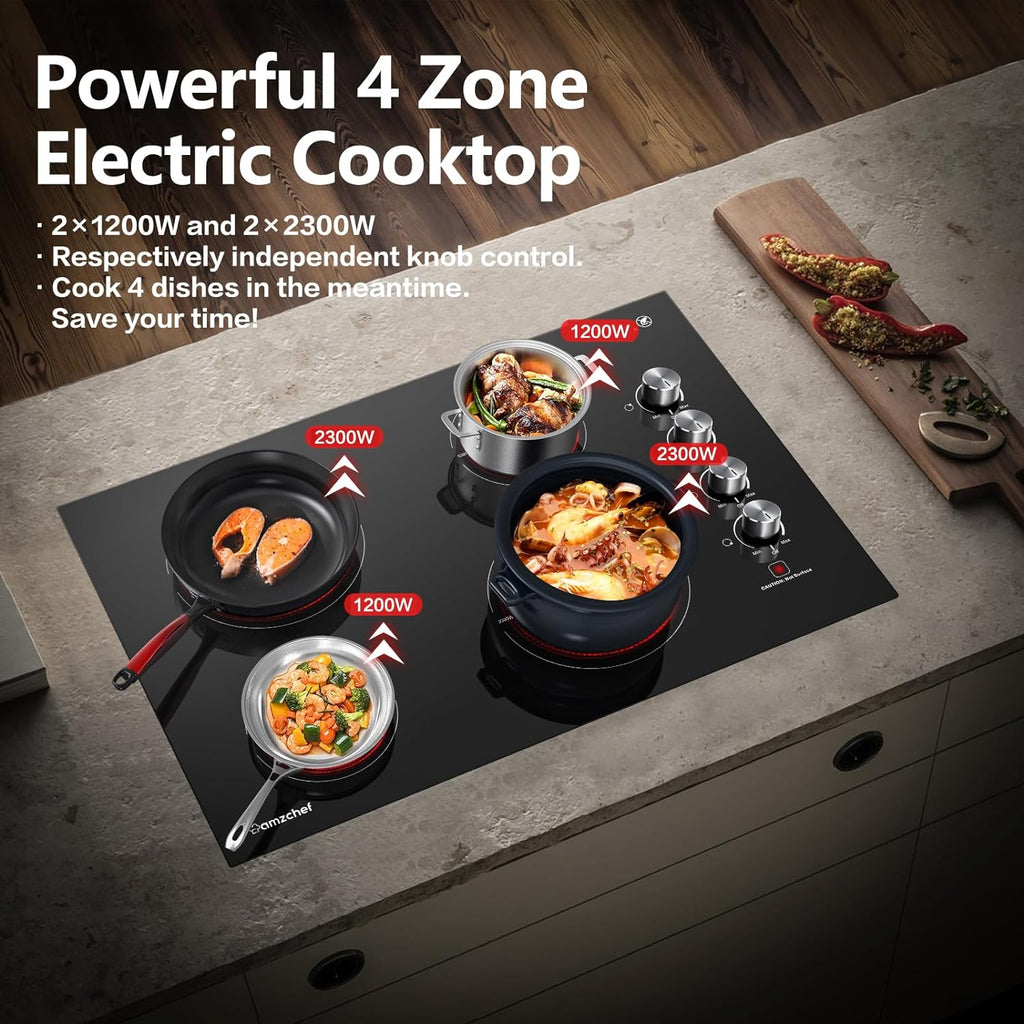 4 240V Hot Burner Certified, with Inch AMZCHEF by Power with Indicator Electric Knob, Burners, Surface Built-in Electric ETL Stove 30 Cooktop Electric 7000W Control Safety
