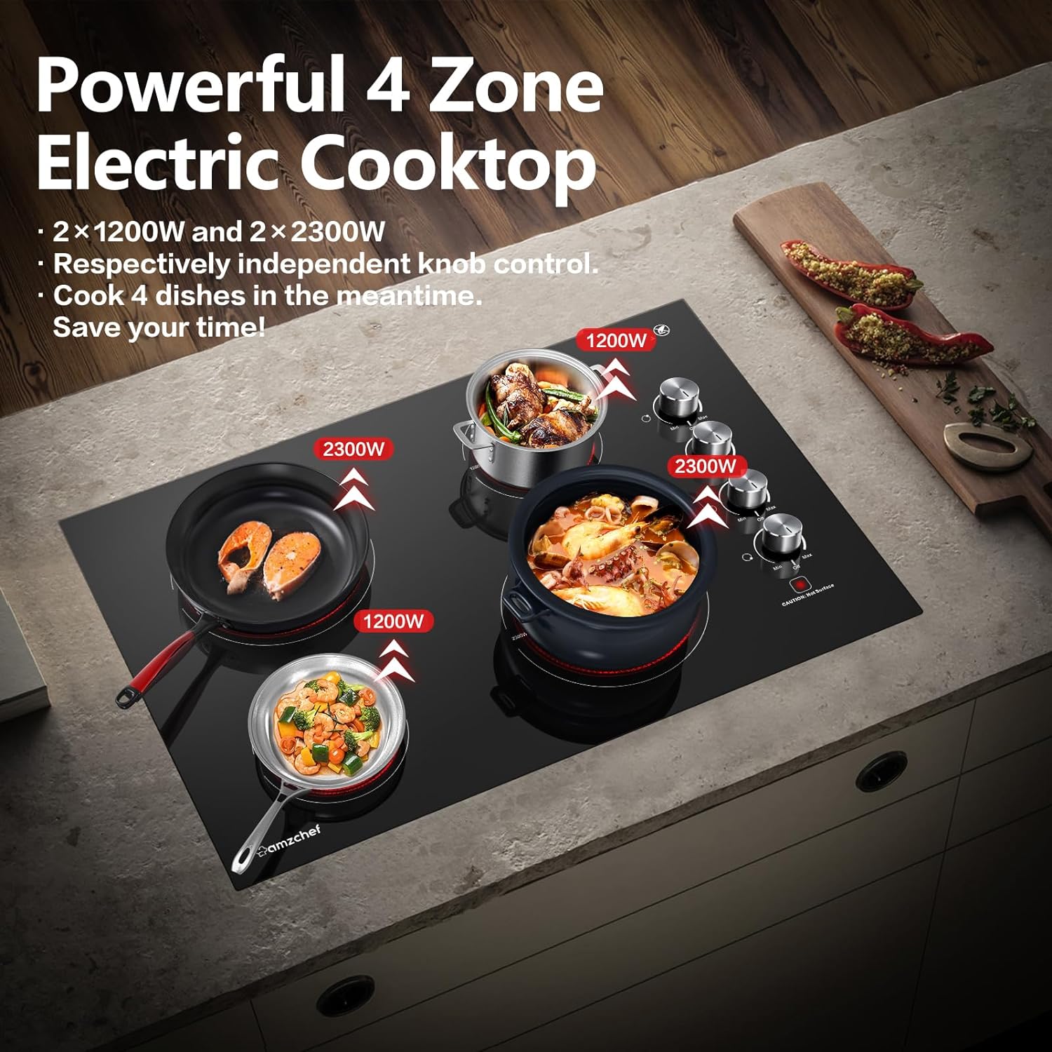 4 240V Hot Burner Certified, with Inch AMZCHEF by Power with Indicator Electric Knob, Burners, Surface Built-in Electric ETL Stove 30 Cooktop Electric 7000W Control Safety