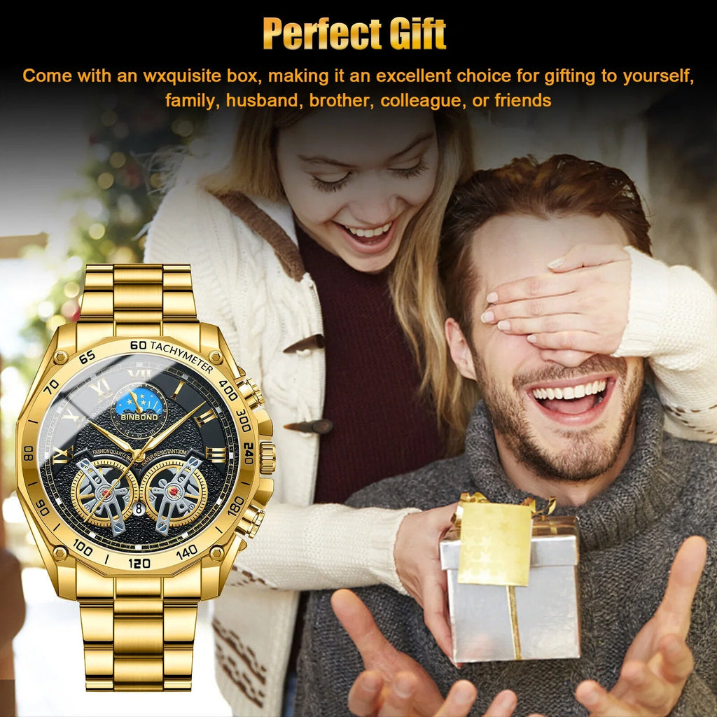 Quartz Gold Business Luxury Men's Analog Steel Watch Stainless Gift Waterproof