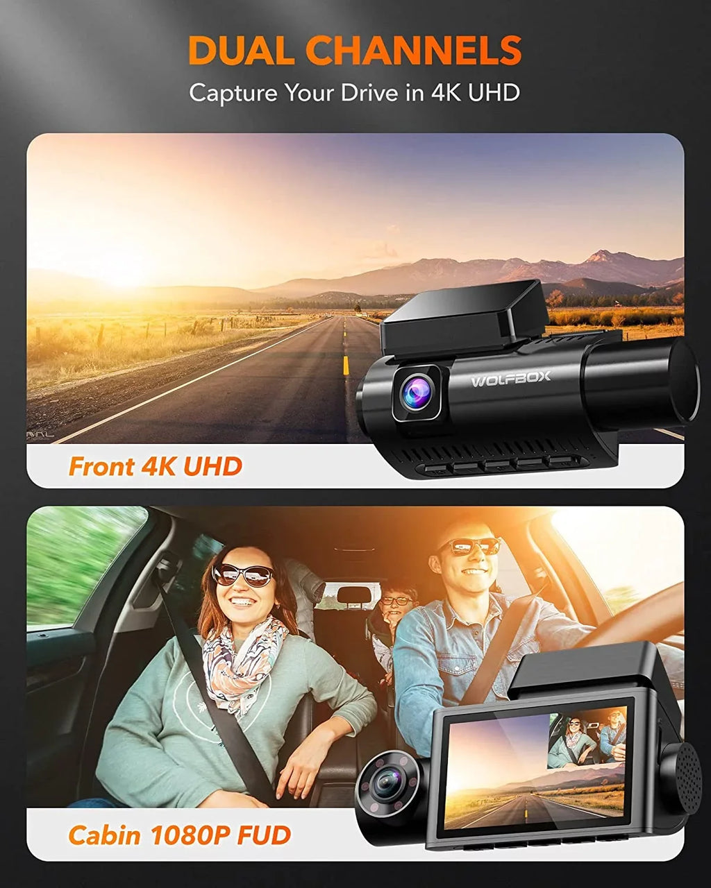 Dash Super WOLFBOX Night WiFi&GPS, Cam Parking IR G-Sensor, 4K Vision, 24H LCD 3 Front Loop Rear Monitor 3" Channel, DashCam with and Recording,