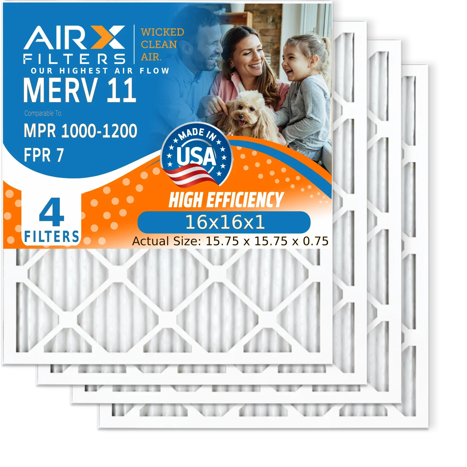 AIRX Electrostatic MPR USA Pack by WICKED & AIR. CLEAN FPR Air Made 11 MPR Filter HVAC Premium 1200 7 1000, Furnace 4 FILTERS Conditioner Filters 16x16x1 Pleated Air Filter 16x16x1 Comparable MERV to