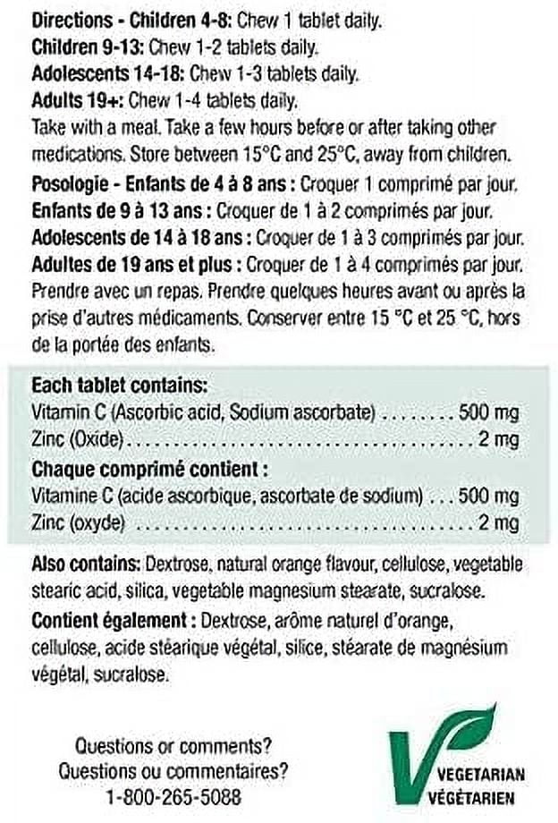 500mg, Natural + Tangy Chewable Tablets 400 C Orange, Zinc Jamieson Vitamin