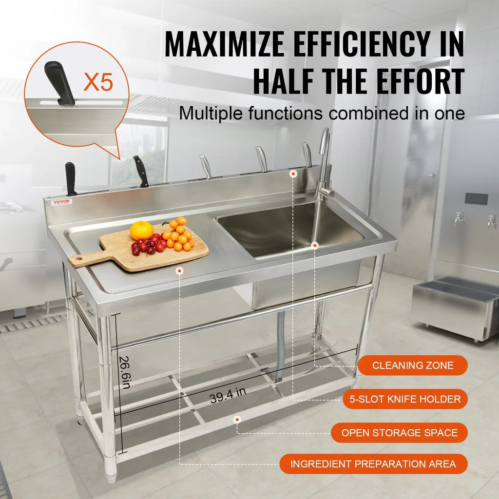 39.4 37.4 in Sink 19.1 x BENTISM Single Utility Prep x & w/Workbench Commercial Bowl