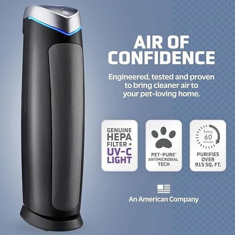 Removes HEPA Germs, 99.97% ft. Large Genuine with Air Filter, Reduce Helps Purifier Pure Hour, to Pet Sq. Pollutants, of Light 915 UV-C 1 13 AC5250PT in Rooms 28", Black, GermGuardian up Covers