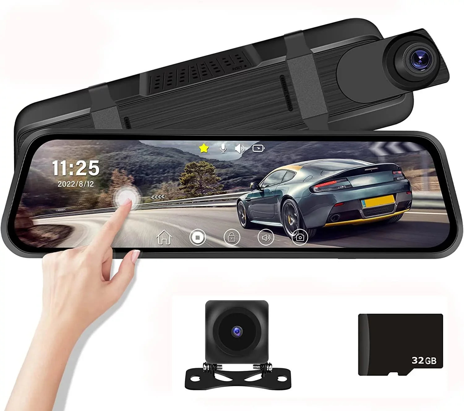 Podofo Card Cameras Dash Touch Mirror Car and Cam Rear View Night Parking Screen Dual Monitoring,with 9.66" for Vision Front Vehicles 32GB