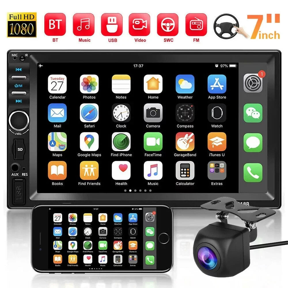 with Audio Screen with Double 7In Camera, Din Link, Stereo, Radio Player Touch Mirror USB/Car Bluetooth MP5 Car Receiver Backup Receiver Car HD Vehicle Audio