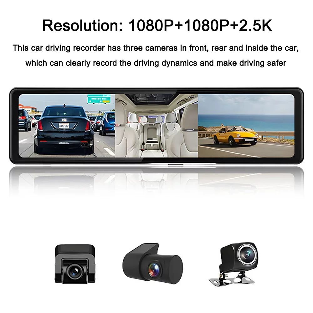 Carplay 3 Dash Video Auto 2.5K Cameras Rearview Screen OWSOO Clear Touched Recorder Mirror Cam Car Recording Driving 12in Car Recorder Car