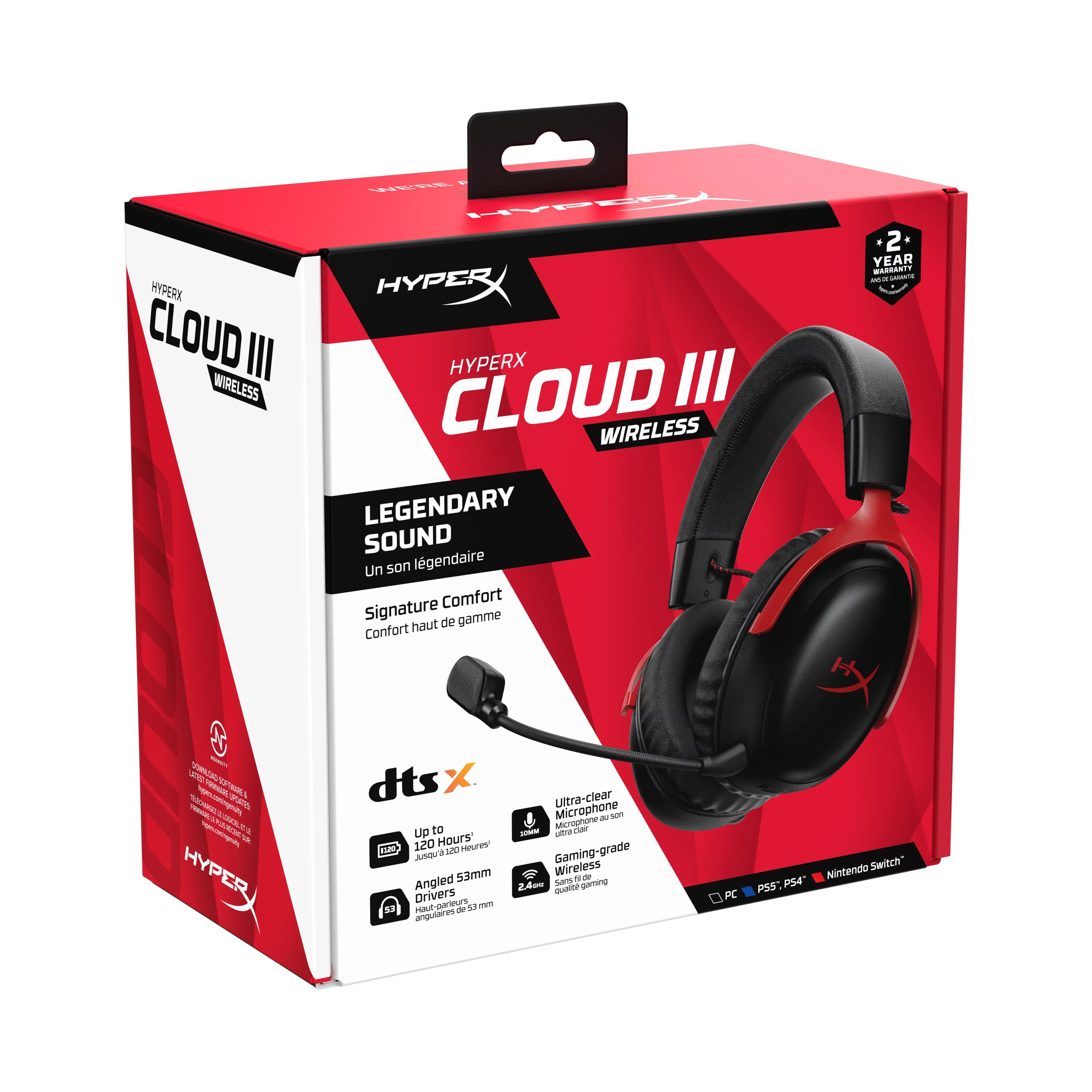 ¨C microphone HyperX 120-hour PS4, up headset Cloud Wireless 10mm to PS5, foam, Black/Red Gaming angled III 53mm Durable Battery, Frame, for Wireless, PC, 2.4GHz Memory ¨C drivers,