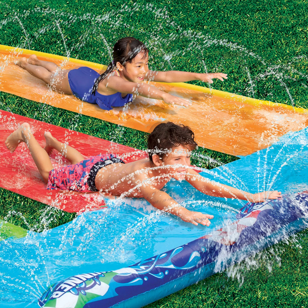 Water Tag - Fun! Side-by-Side-by-Side Feet Triple 16 Racing Racing Banzai Slide