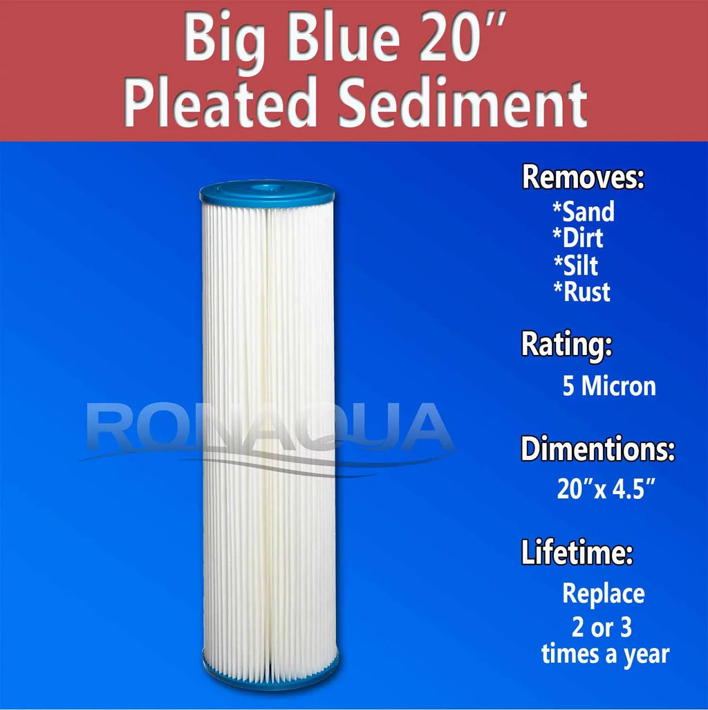 Filter Reusable Big Silt, by 20" Sediment 5 Dirt, Amplified Micron Rust, of Life (Set 6) Pleated Sand, & Big Area, Removes Extended Surface Washable for Blue Filter Housing, Ronaqua Blue