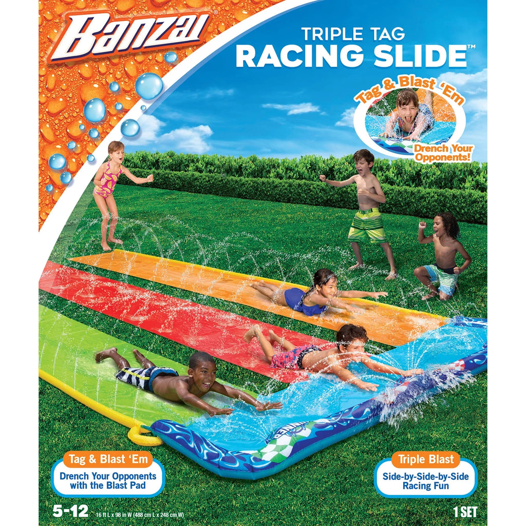 Water Tag - Fun! Side-by-Side-by-Side Feet Triple 16 Racing Racing Banzai Slide