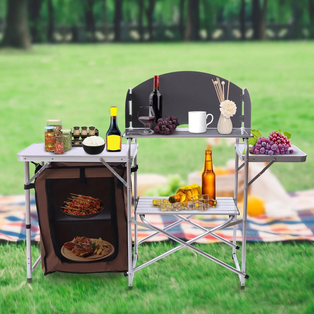 Portable Folding Table Brown Camping Barbecue Station Kitchen DENEST Cover Fabric Rack