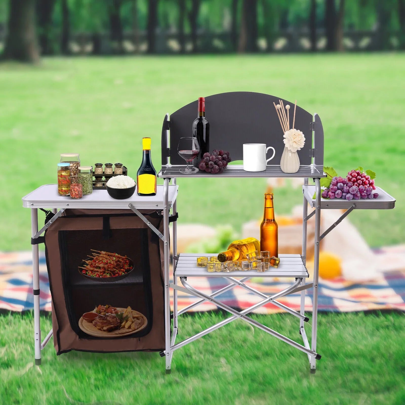 Portable Folding Table Brown Camping Barbecue Station Kitchen DENEST Cover Fabric Rack