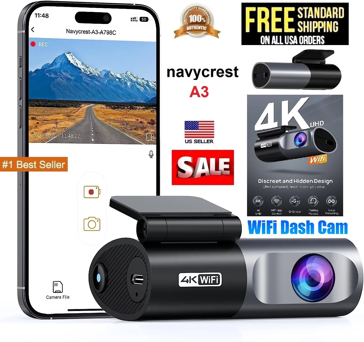 Front 24 navycrest Cam Cars, 4K 2160P App, Mode, WiFi 256GB for Night Dash Recording, Max Hours Support A3 Recorder G-Sensor, Parking Vision, Camera with Loop