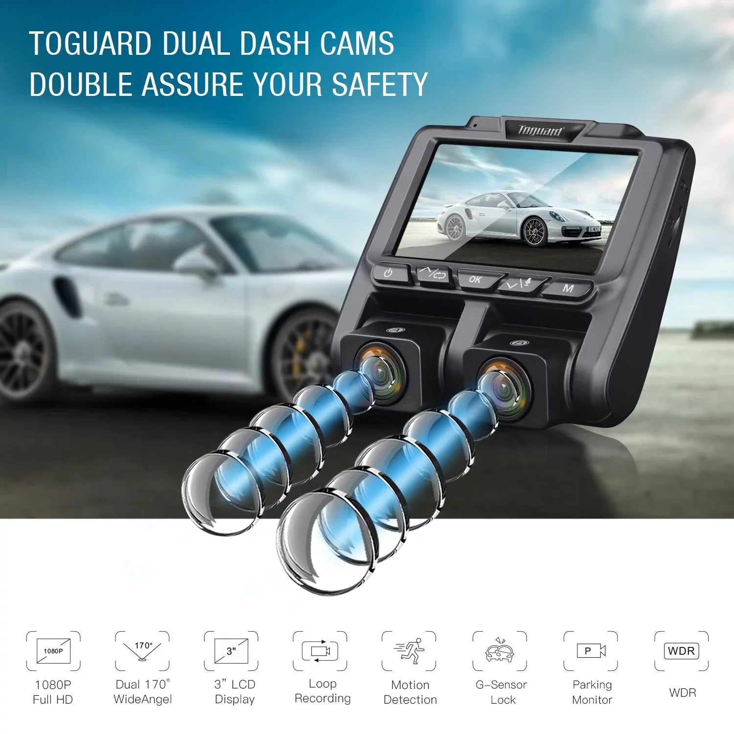 TOGUARD Camera Front Cam Parking LCD Car Inside Dual Loop and Dash 1080P G-Sensor, Vision 3" Screen Recording with Camera Monitor, Night IR Dash