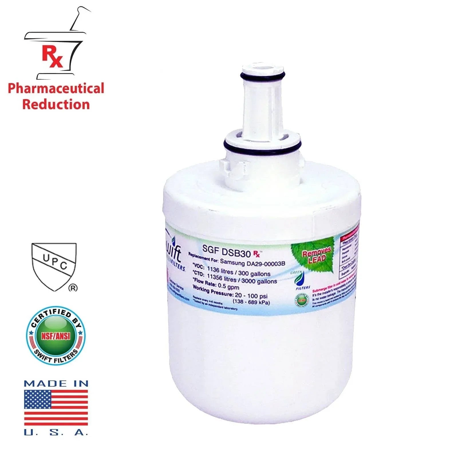 Rx Green Swift Filters(Pack SGF-DSB30 of for 3) DA2900003G Replacement Pharmaceutical Water Refrigerators Samsung Filters