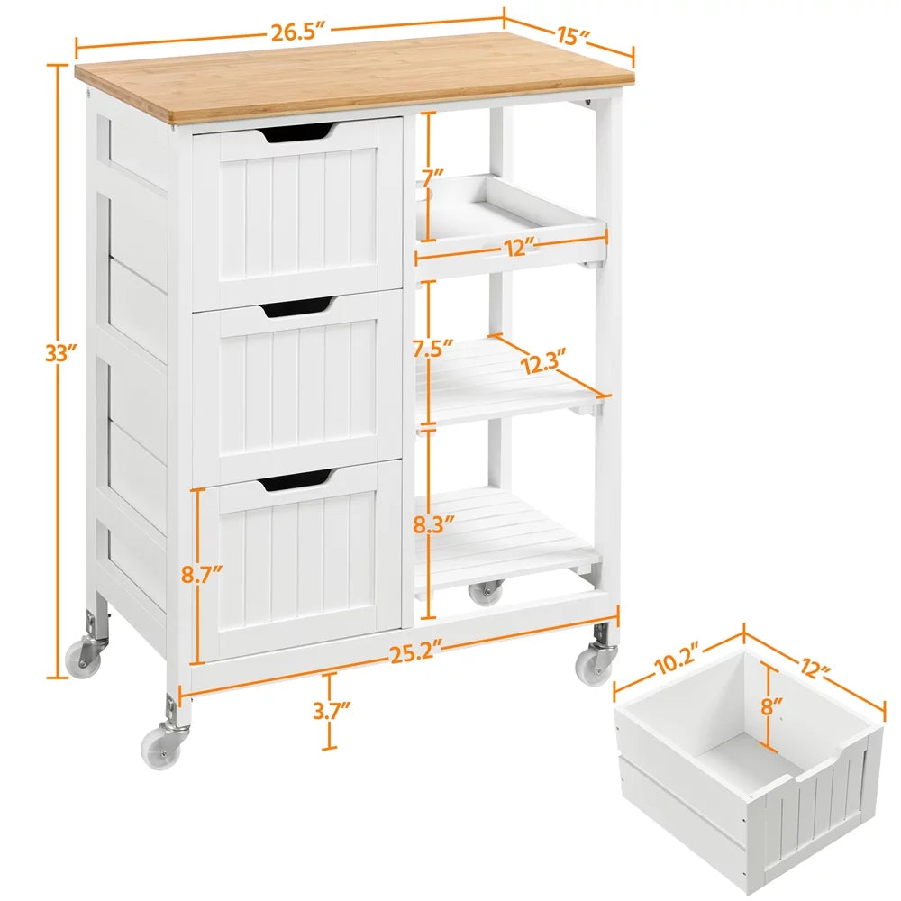 3 H White Bar, Storage for Easyfashion 33" Kitchen with Cart Serving Drawers