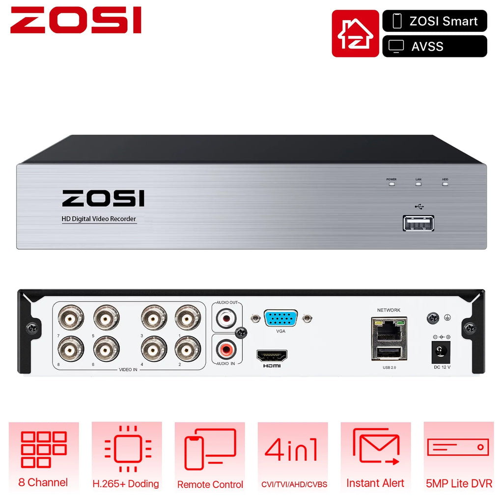 Network 1080P Motion Recorder Detection Surveillance High 4-in-1 Definition System CCTV Camera HD DVR Video ZOSI Hybrid Security 8CH For H.265+ TVI