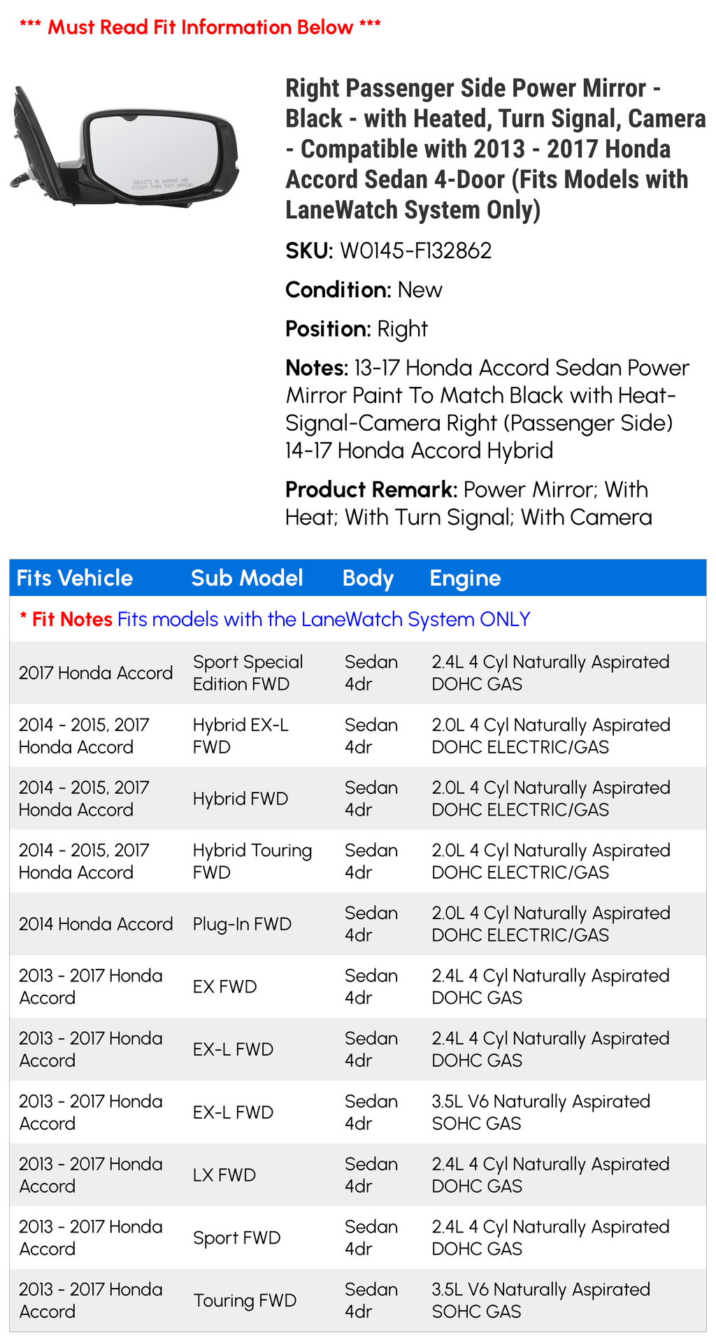2014 2015 Compatible Camera System Honda Only) 2013 - with Passenger 2017 Sedan Side 2016 Mirror LaneWatch Models Power Right Heated, Signal, Turn with - (Fits 4-Door Accord with Black - -