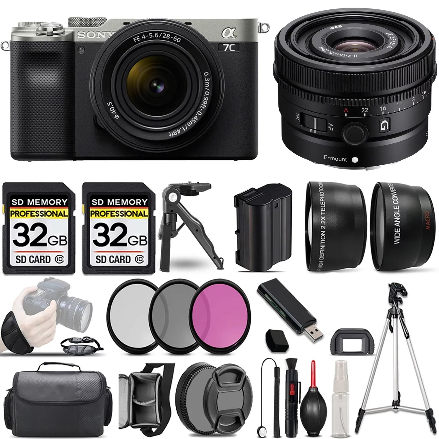 Camera +3 PC Lens+24mm f/2.8 (Silver) G Sony Lens Filter +64GB with Mirrorless 28-60mm a7C