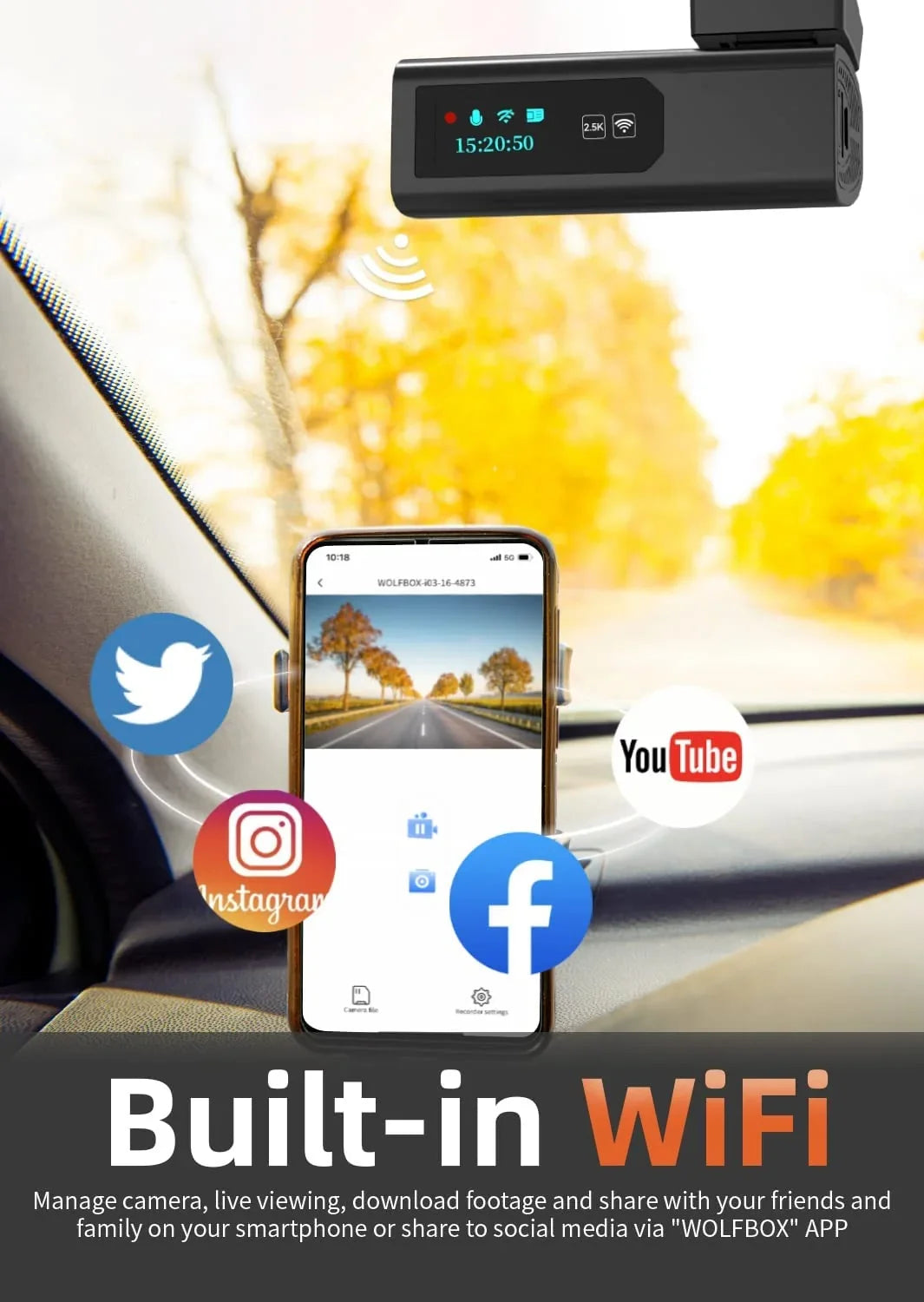 Loop Night Parking 2.5K WiFi, Control, WOLFBOX Monitor, Cam, Support Dash 24 Dash Recording, 64GB HD APP Camera Max Hours with Vision, G-Sensor, Full