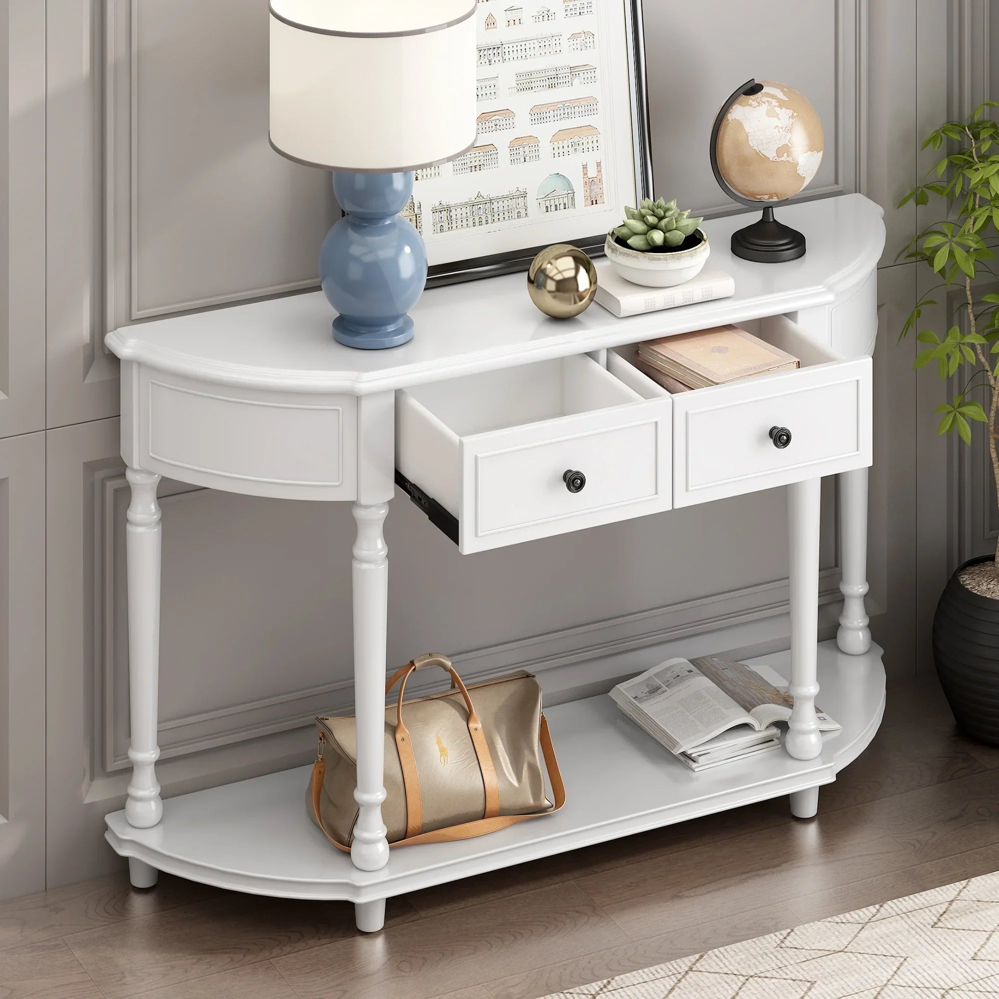 Two OLD Style with Table Legs Retro Solid (White, Frame and SKU: Drawers Console Curved Shelf Design Circular Wooden Top WF298768AAK) Open