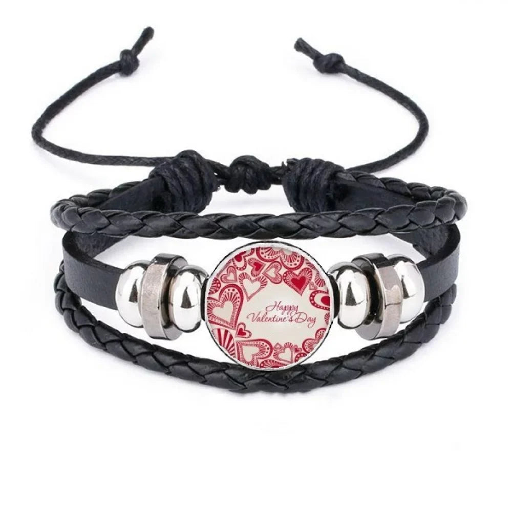 Cute Bracelet Day Valentine's Wristband Leather Red Braided Hearts Rope Happy Woven