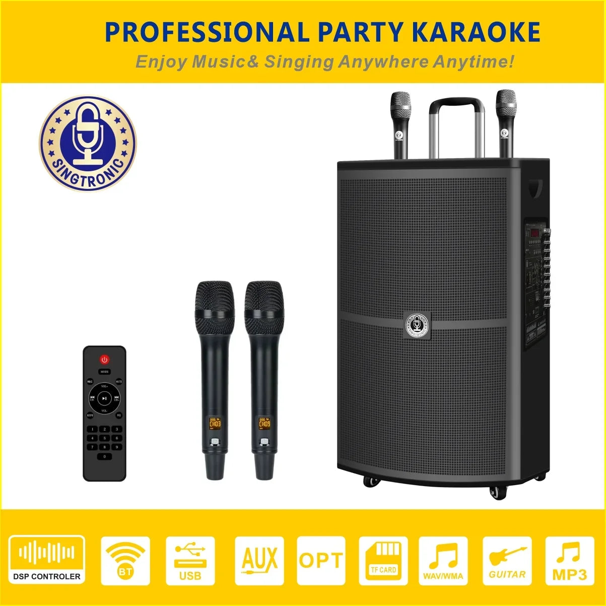 BT-1500DSP Mic. Singtronic UHF With Wireless Professional Karaoke Speaker 15" Rechargeable 2 DSP