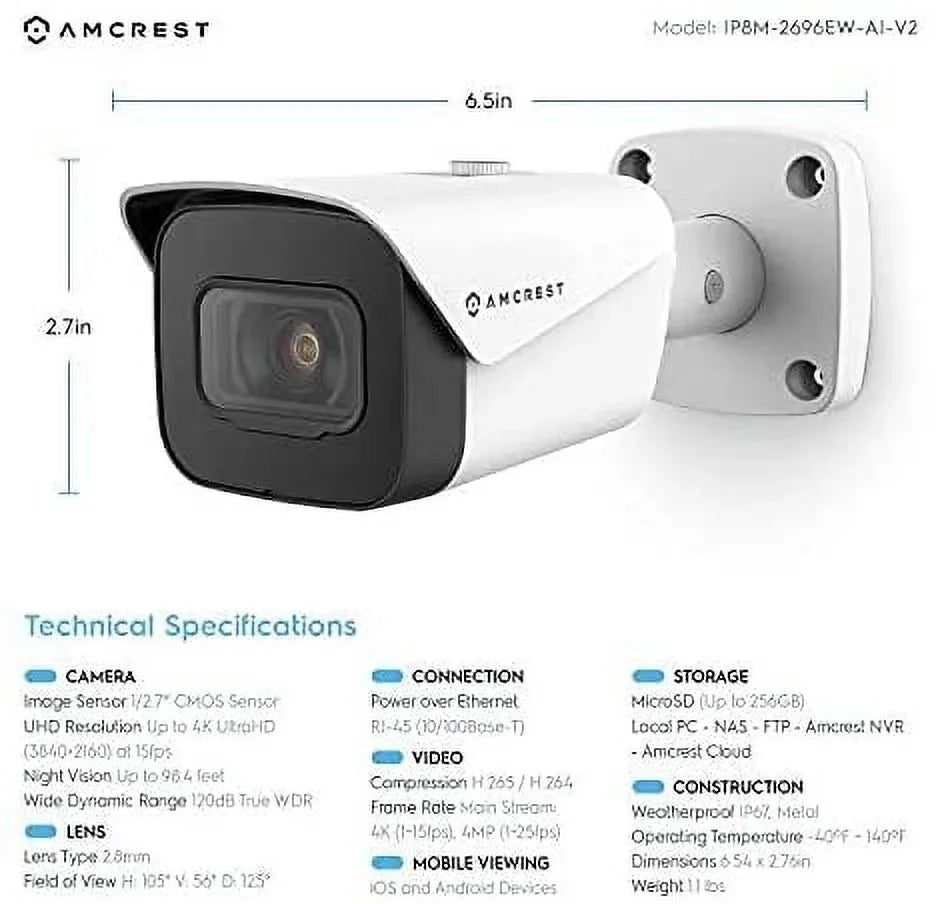 Recording, 2.8mm 4K (8MP) 131ft (2PACK-IP8M-2496EW) Amcrest Camera, POE 2-Pack Bullet 3840x2160, MicroSD NightVision, Weatherproof, IP67 Lens, White IP UltraHD