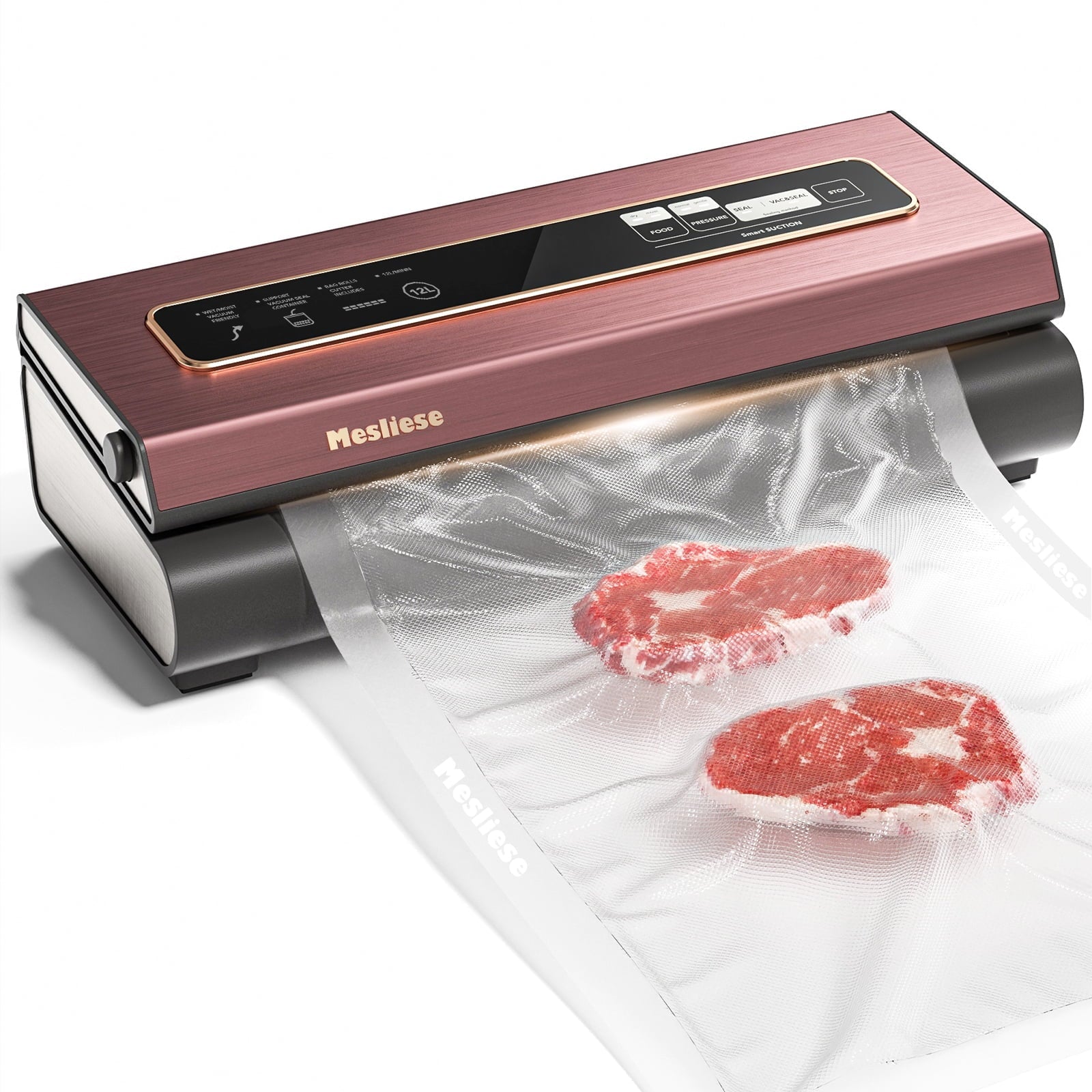 Powerful Modes Preservation 6-in-1 Strip, Food Mesliese Vacuum Cutter, 12mm 5 Pre-cut Widened 90Kpa Machine Sealer Bags, System Sealing Precision Compact 2 & Bag Dry&Moist with Rolls (Pink)