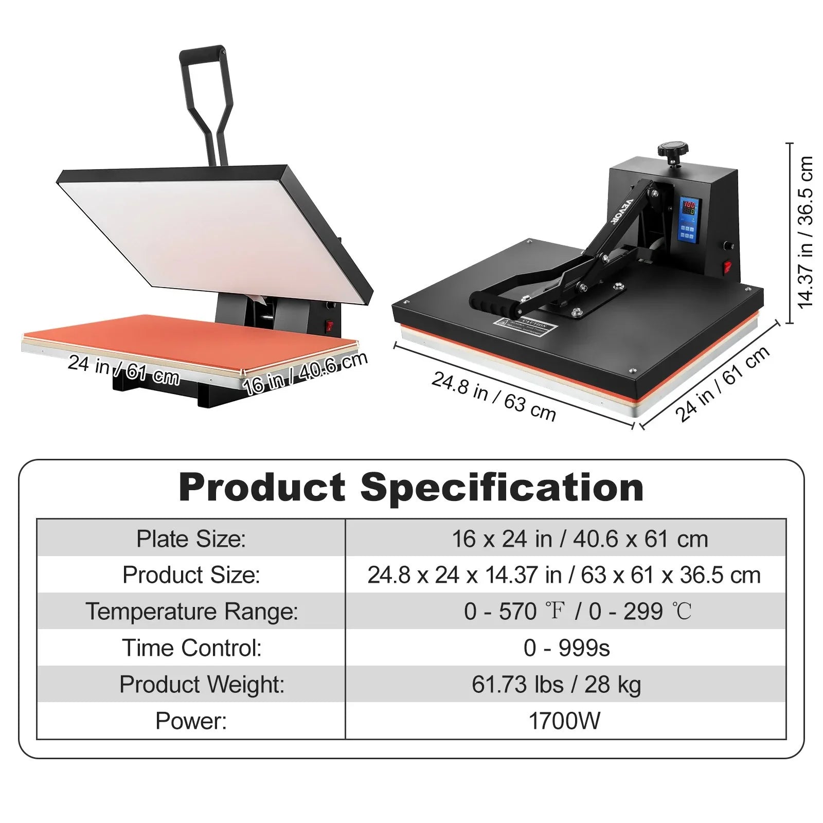 Press Heat to Use Transfer TShirt VEVOR for Industrial Heat and Power, Heat Digital Machine Vinyl, Press 1700W Easy Sublimation Black 16x24 Printer