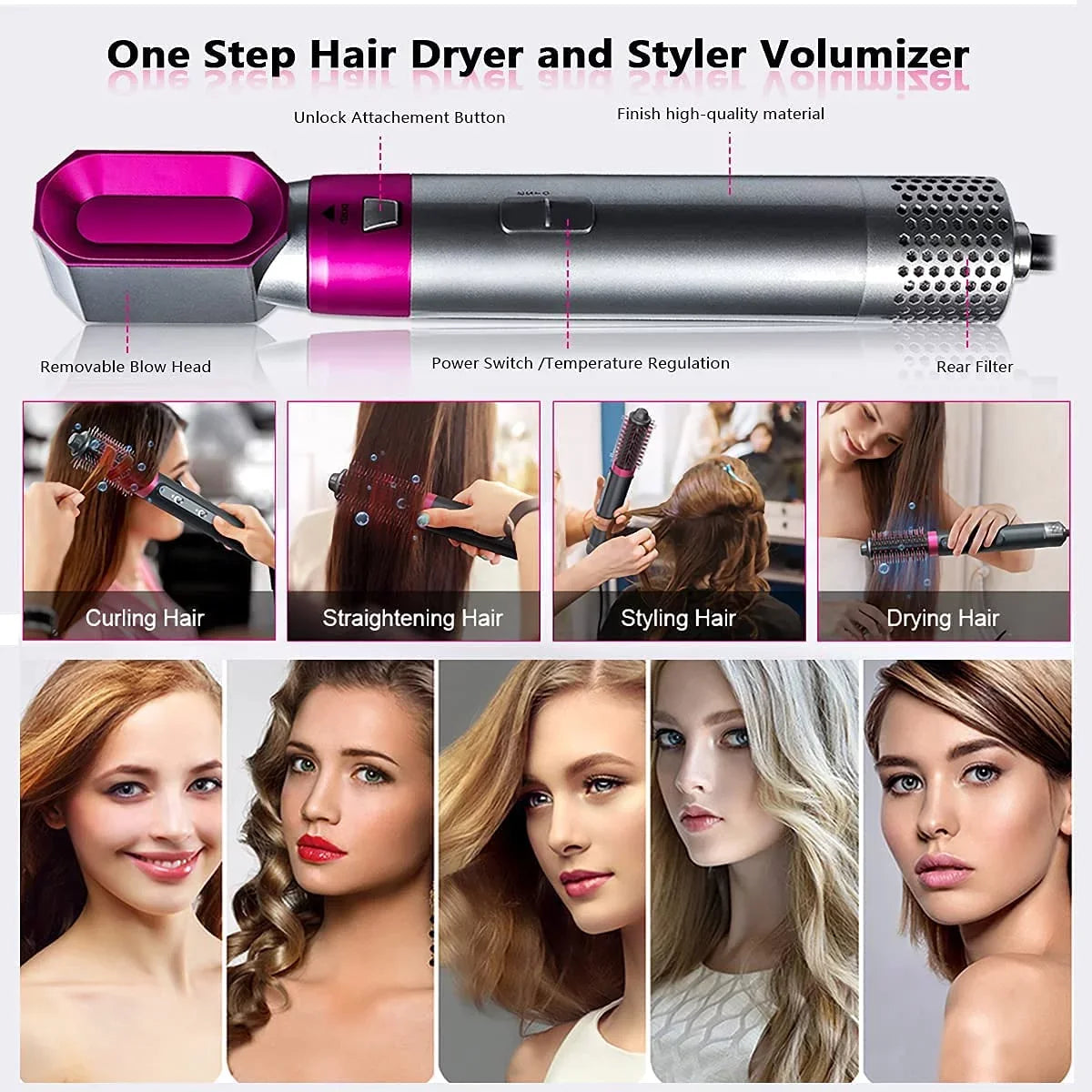 Negative Straightening Automatic Brush Heads Pink Electric Styling, Styler Dryer - Brush Curling Hair Dryer for Blow 5-in-1 Hair and with Detachable Ionic Brush - Color: