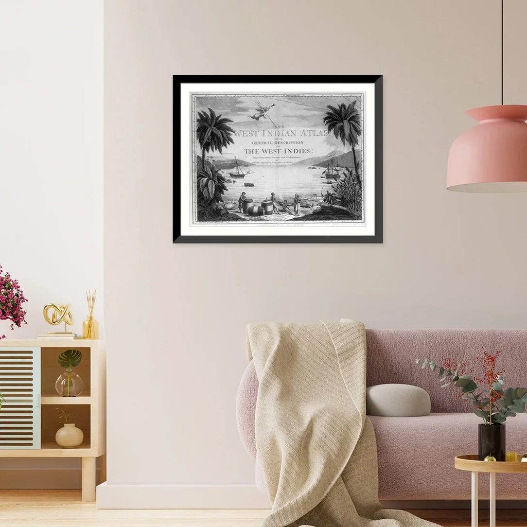 British and large scene three beach Print, with West sailor showing 21-7/8" on harbor], Natives the a x [A Indies two ships 17-7/8" in and in Framed the the Historic casks,