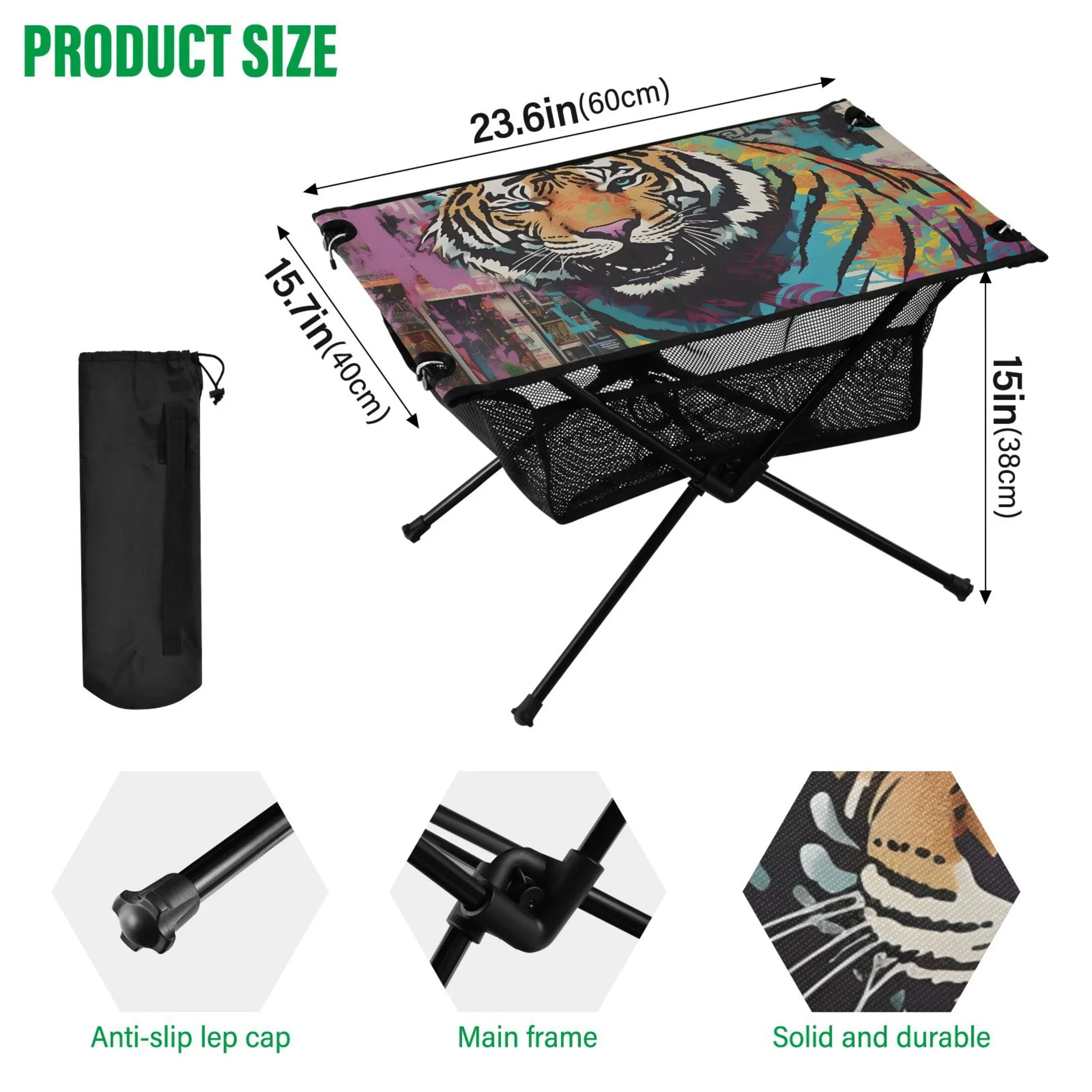 Compact Table Camping Hiking Portable Outdoor Beach Foldable Picnic Fishing Bag Tiger BBQ Table with Table for Storage Abstract