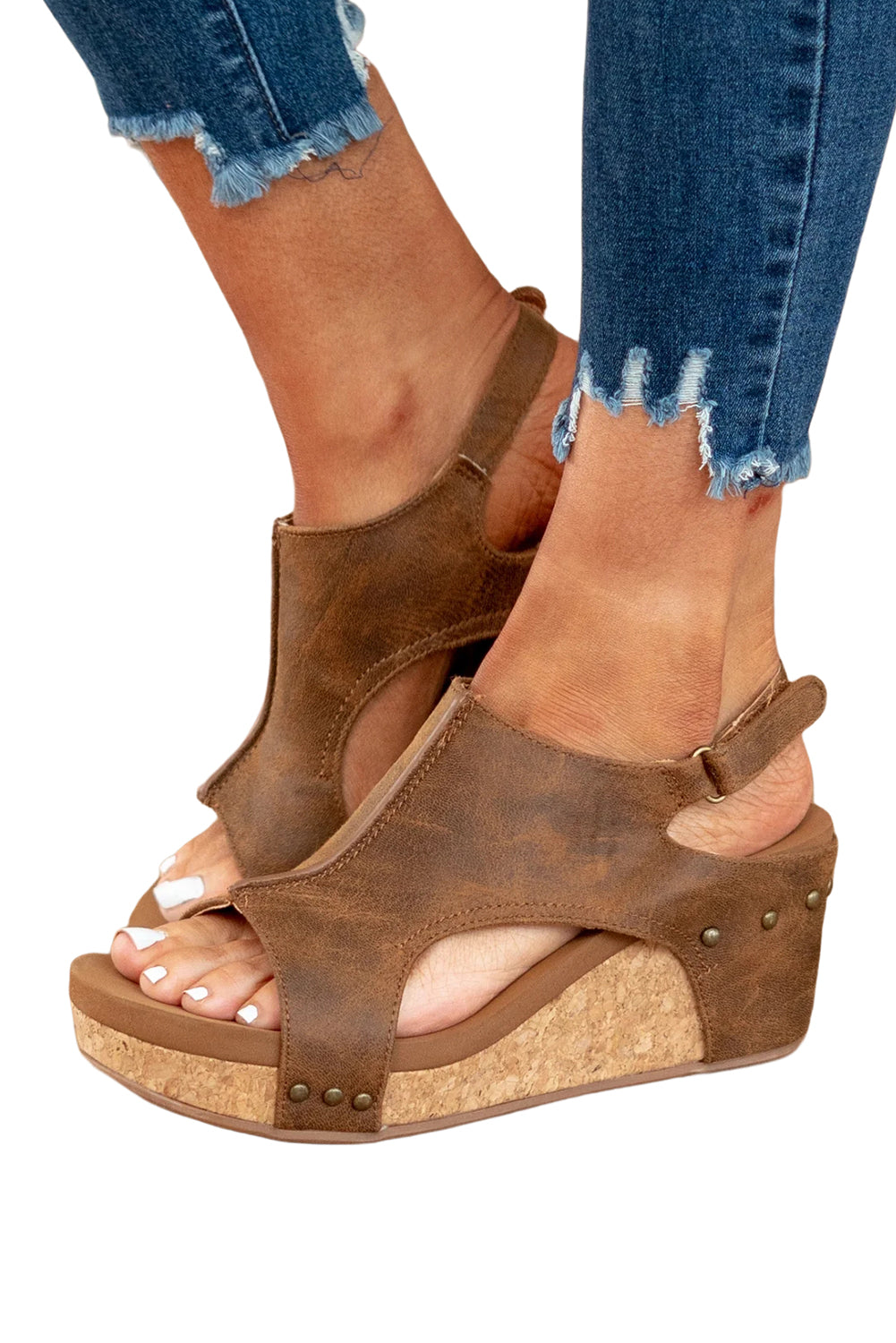 Stitching Leather Wedge Gray Vintage Studded Sandals