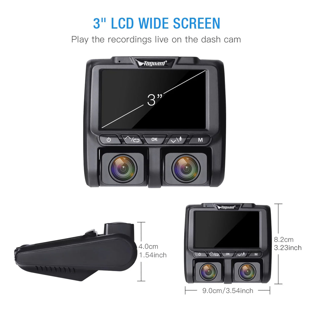 TOGUARD Camera Front Cam Parking LCD Car Inside Dual Loop and Dash 1080P G-Sensor, Vision 3" Screen Recording with Camera Monitor, Night IR Dash
